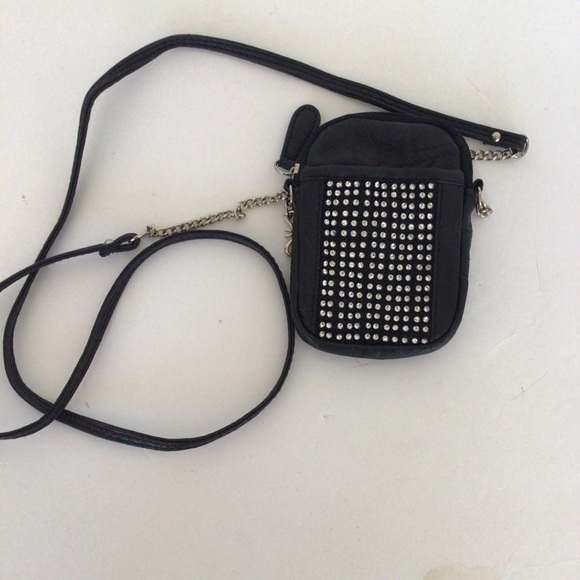 MINI BLACK RHINESTONE LEATHER POUCH BAG PURSE - Picture 2 of 10